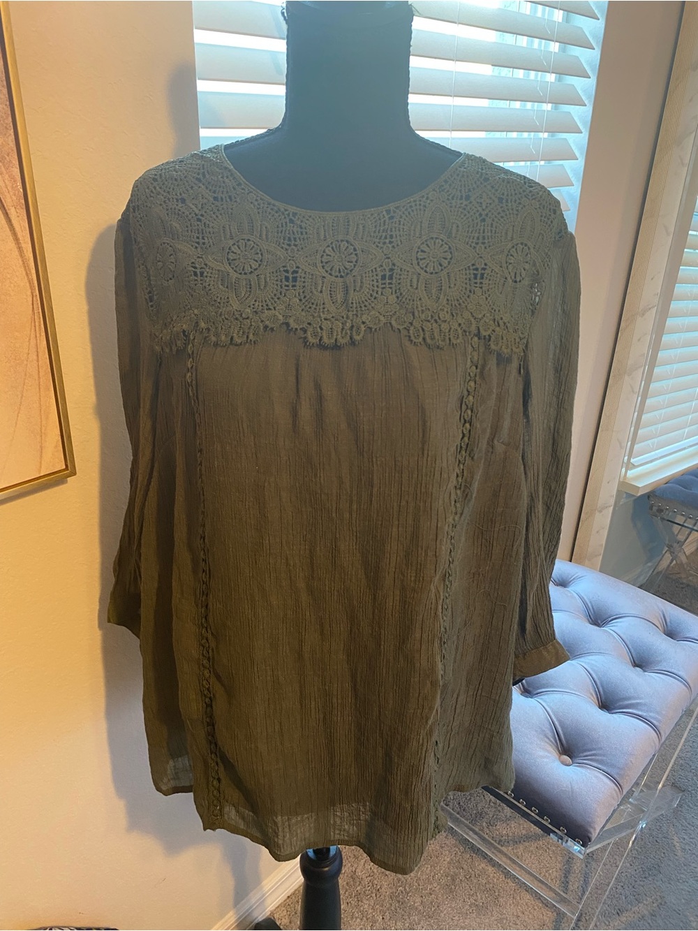Women's Olive Crochet Yoke Tunic Top